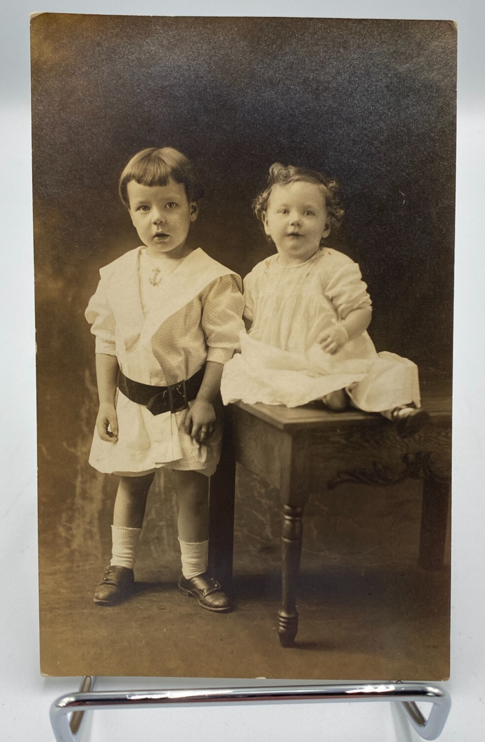 Vtg c. 1900's RPPC Two Young Children Postcard