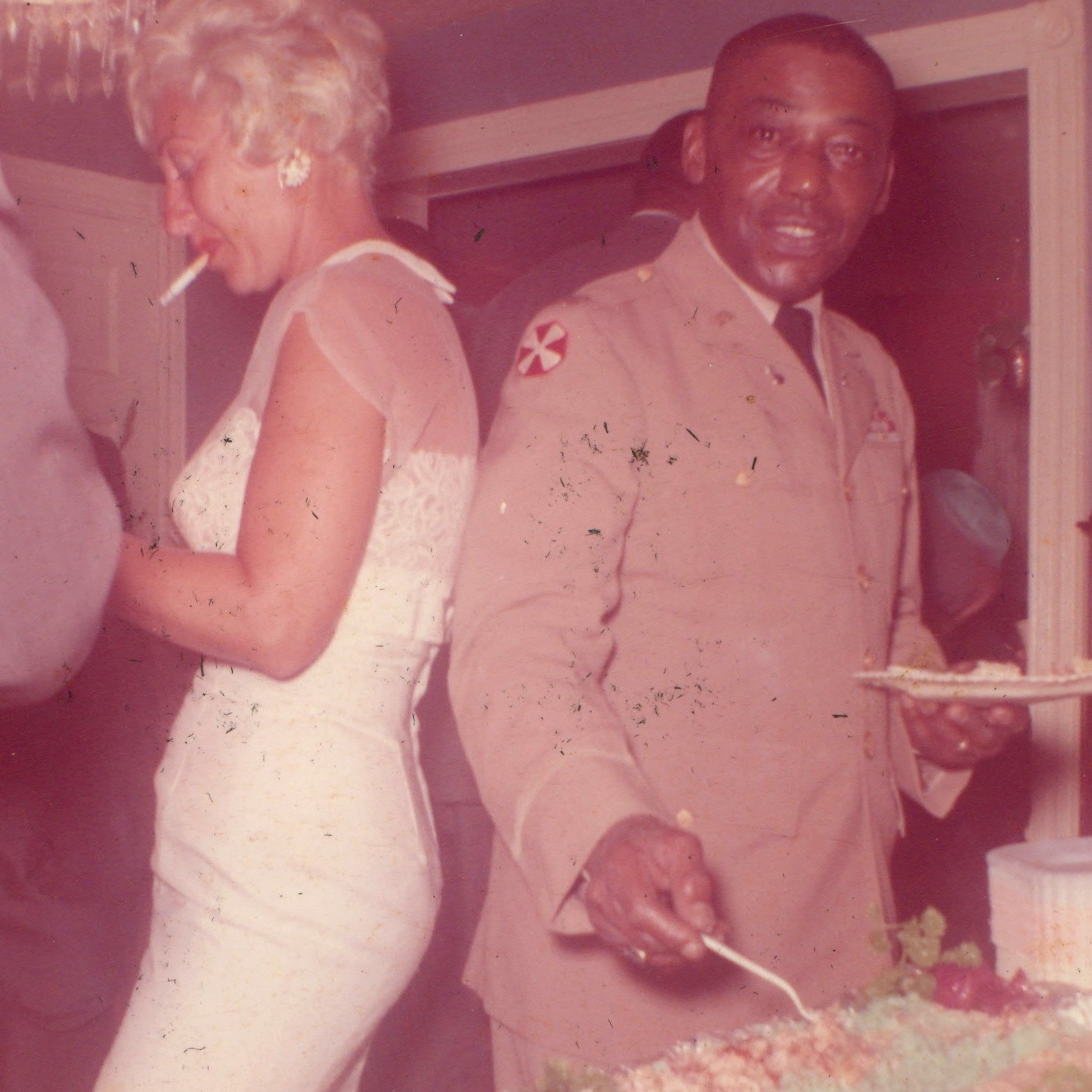 c1960s Black US Army Soldier 8th Army Patch Snapshot Photo Buffet Party Smoking