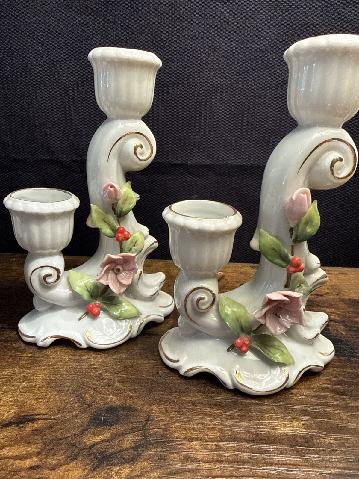 Lefton Porcelain Pair Of Double Candle Floral Gold Trim