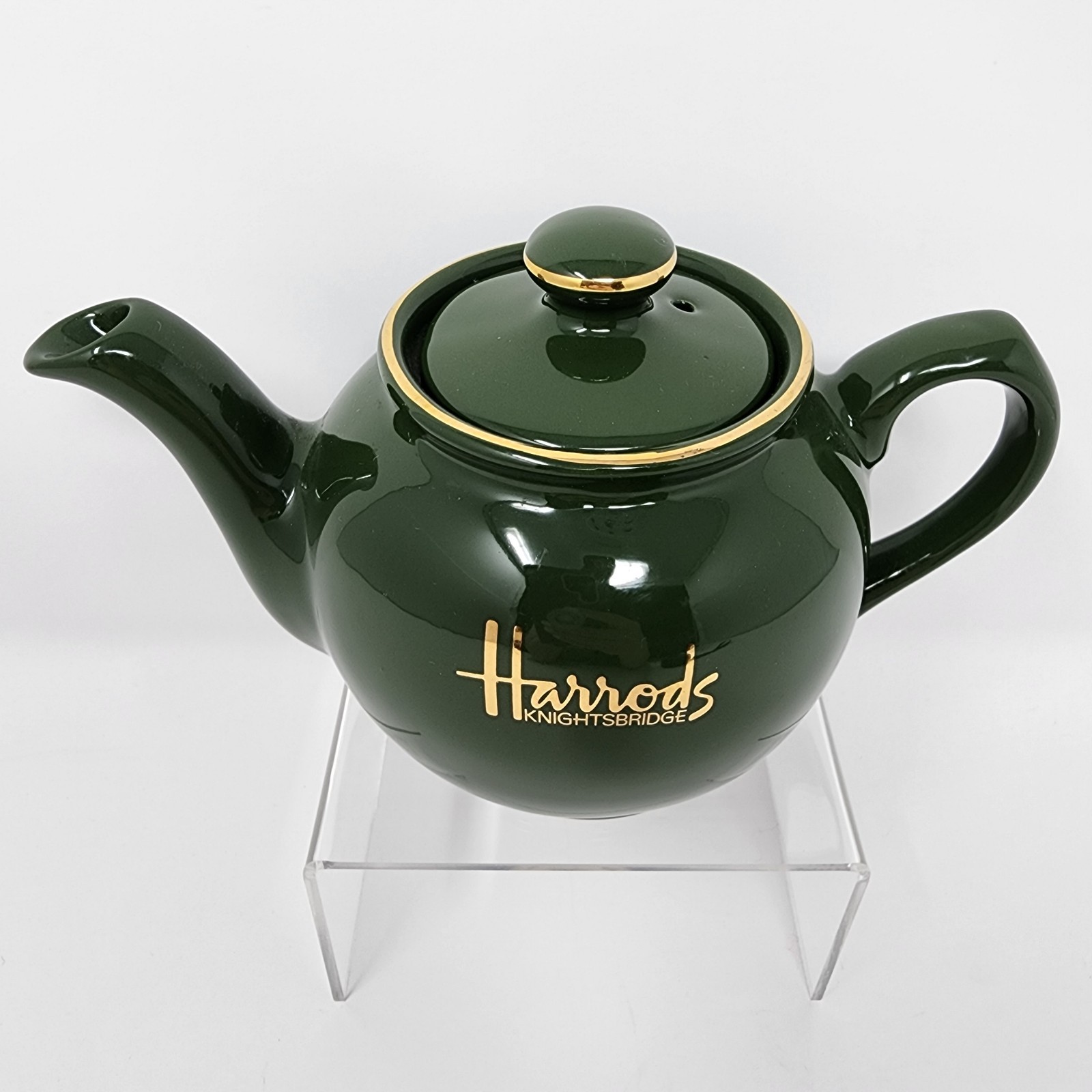 Harrods Knightsbridge James Sadler & Sons Green Teapot w/ Gold Letters Vintage