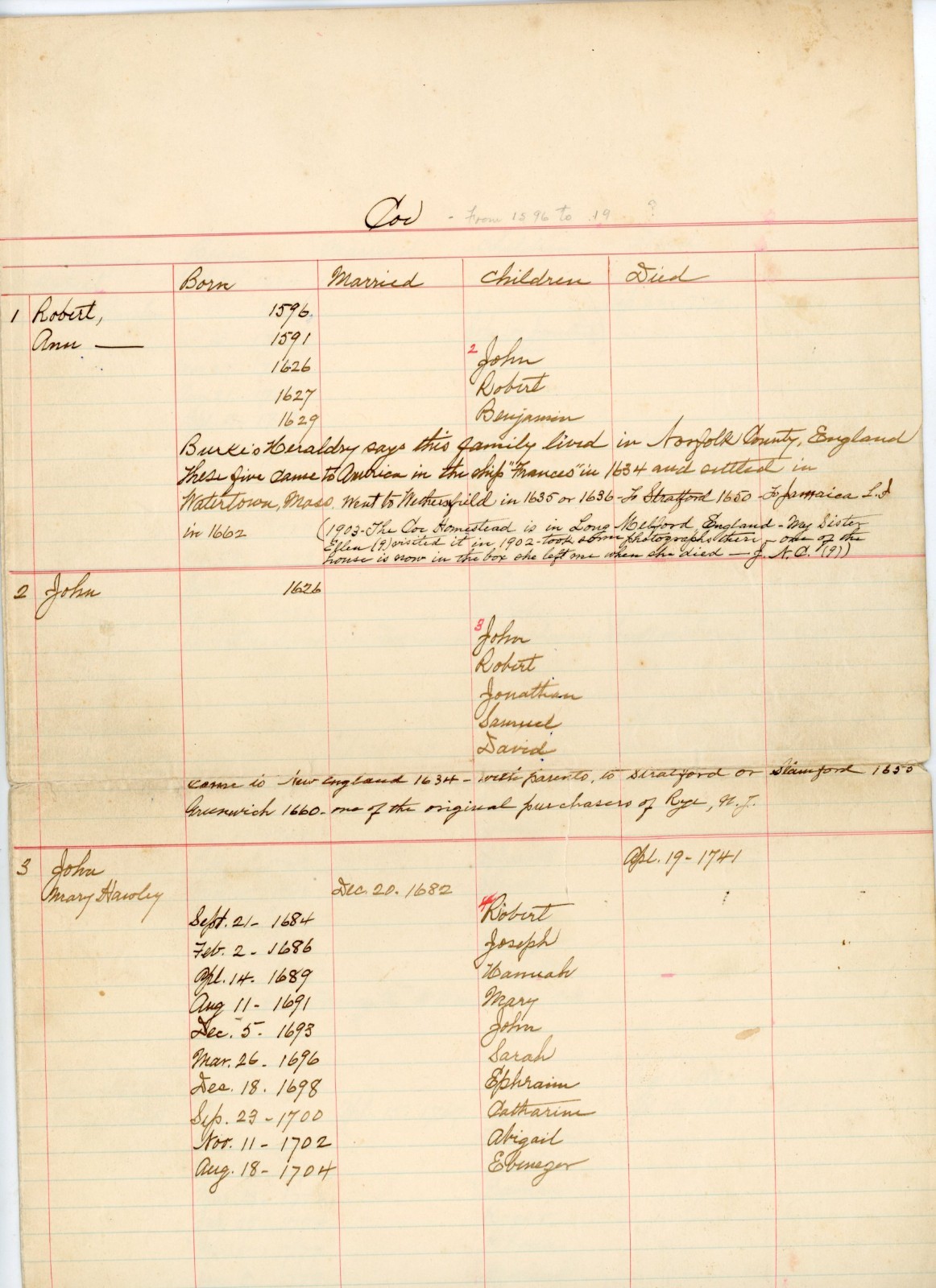 Handwritten COE Family Genealogy Record 1596–1949 New England Connecticut