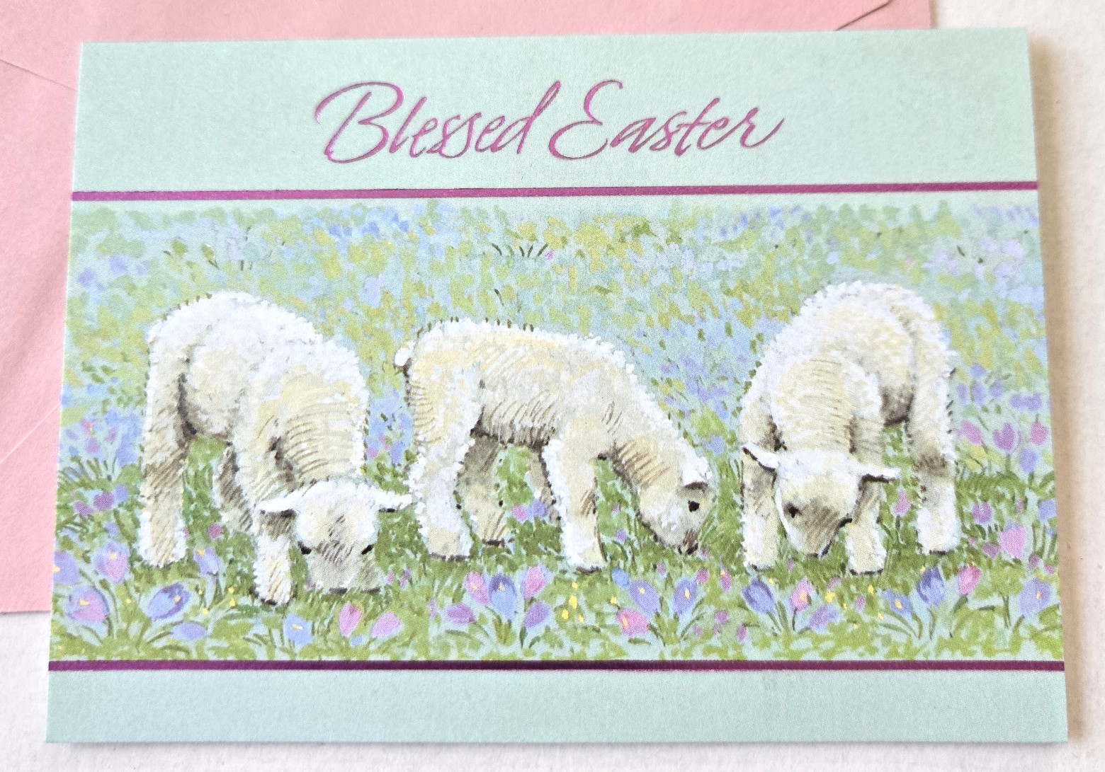 Vintage Easter Card Blessed Easter Cute Lambs Pretty Flowers DaySpring
