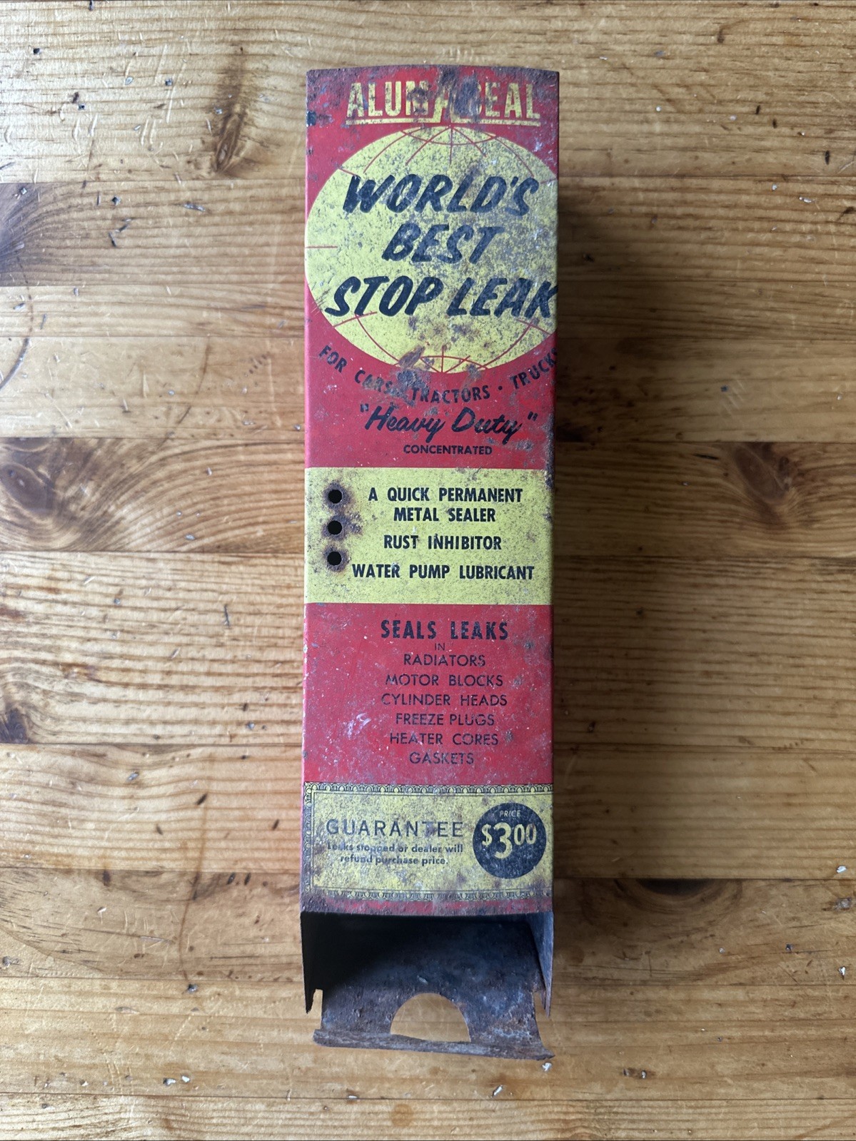 Vintage Alum A Seal Stop Leak Dispenser Painted Metal 3” X 12”