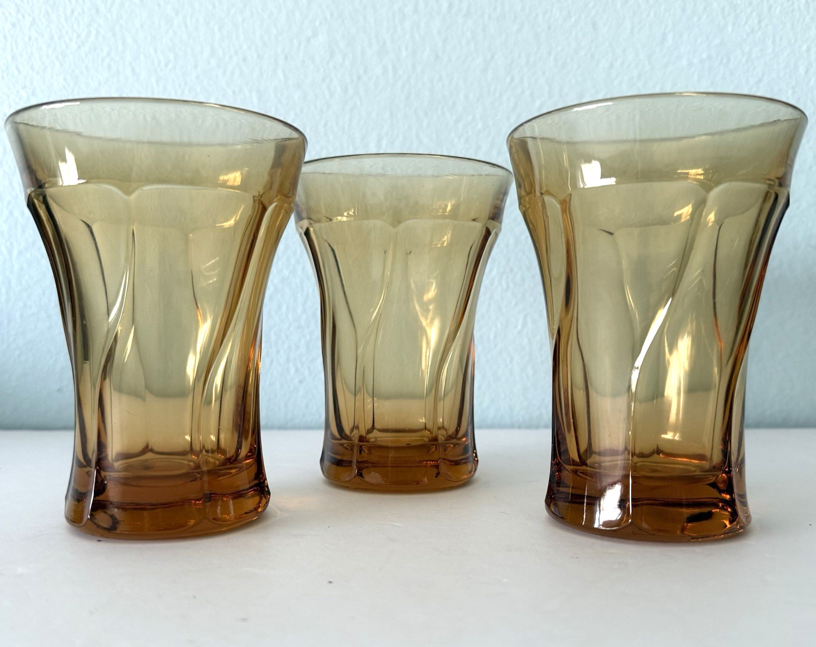 Set of 3 Fostoria Jamestown Amber Swirl 8 Oz Tumblers Glassware Water Glasses