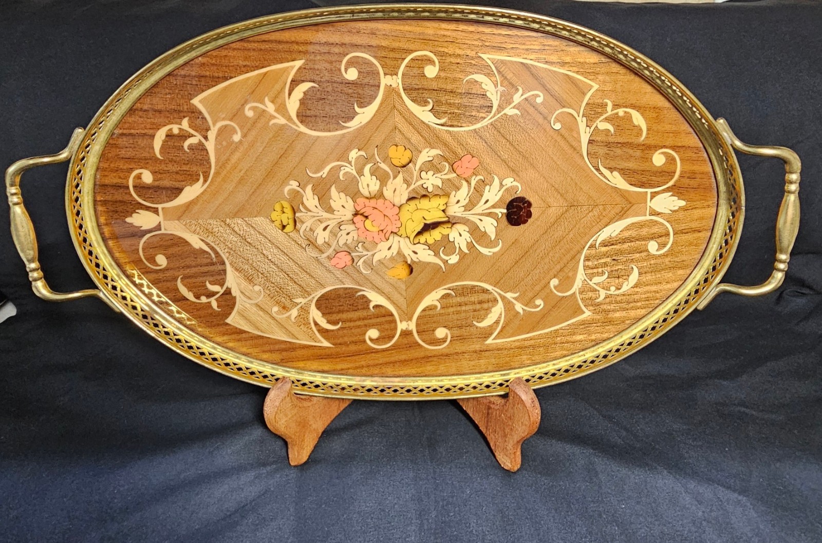 Vintage Italian Sorrento Oval Inlaid Wood Tray Ornate Brass Gallery Rim Handles