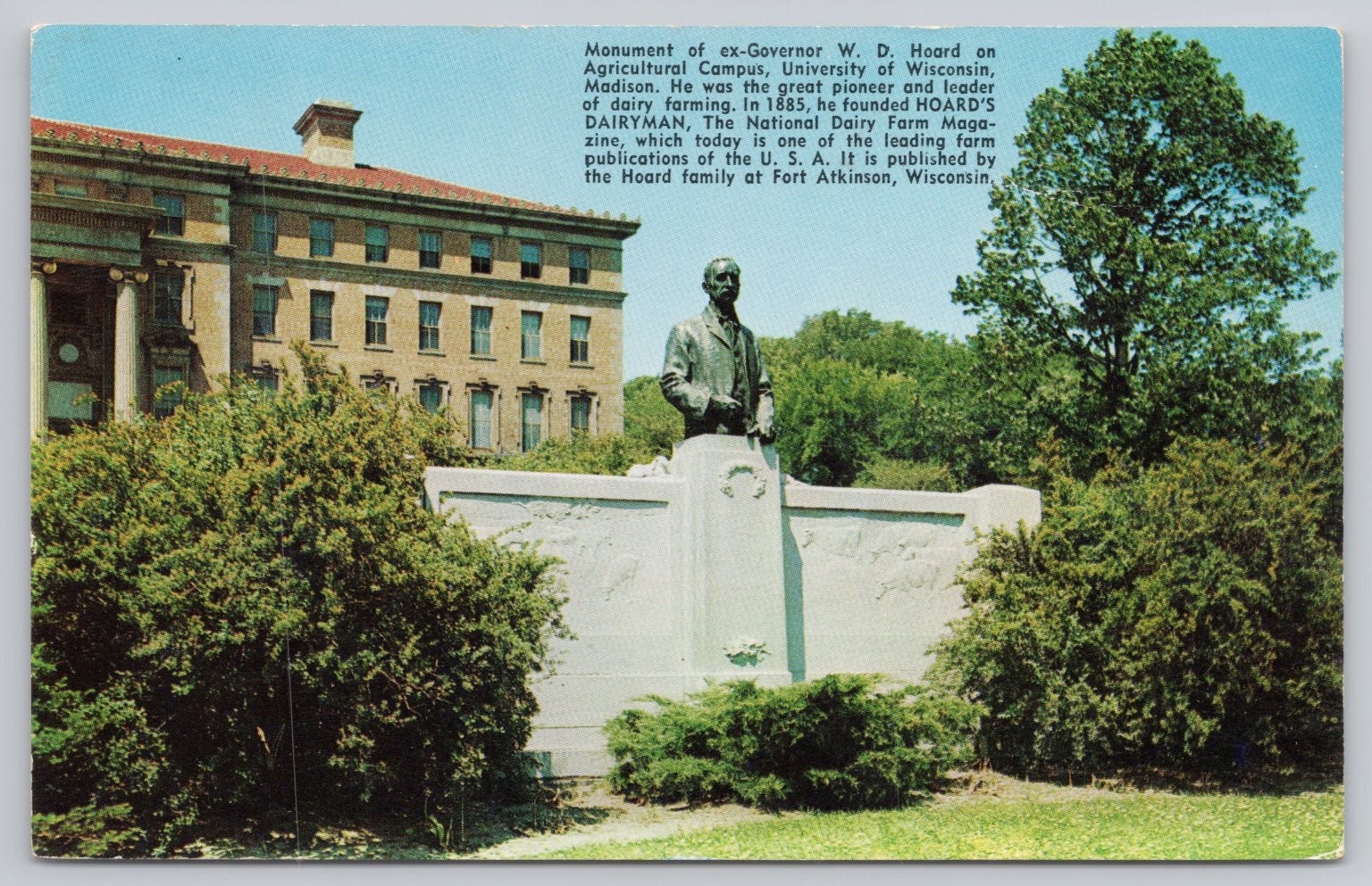 W. D. Hoard Monument UW Madison Wisconsin Vintage Postcard 1953 L. L. Cook