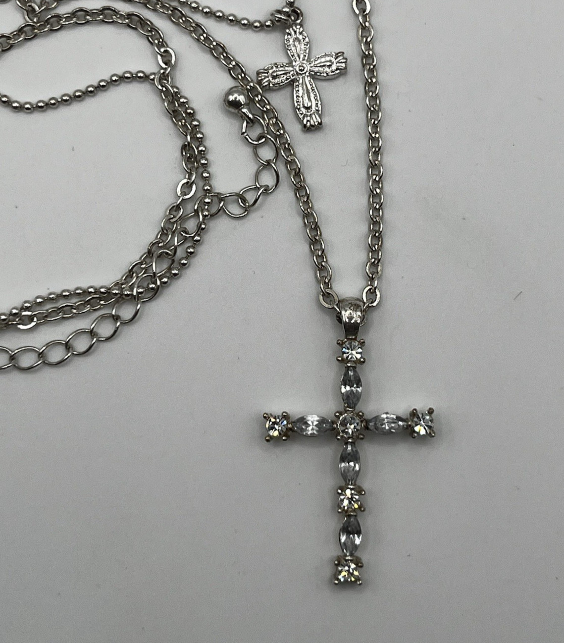 Silver Tone Rhinestone Cross Pendant Necklace Layered Charm Elegant Christian Silver Tone Rhinestone Cross Pendant Necklace Layered Charm Elegant Christian
