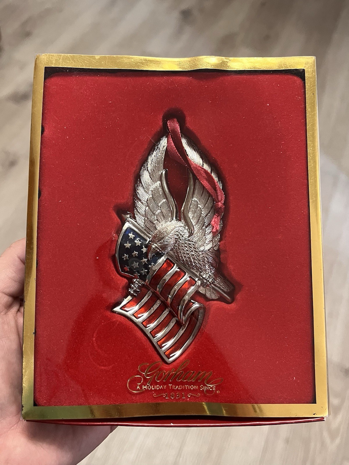 Gorham Eagle of Liberty Silver Plated American Flag Ornament Original Box