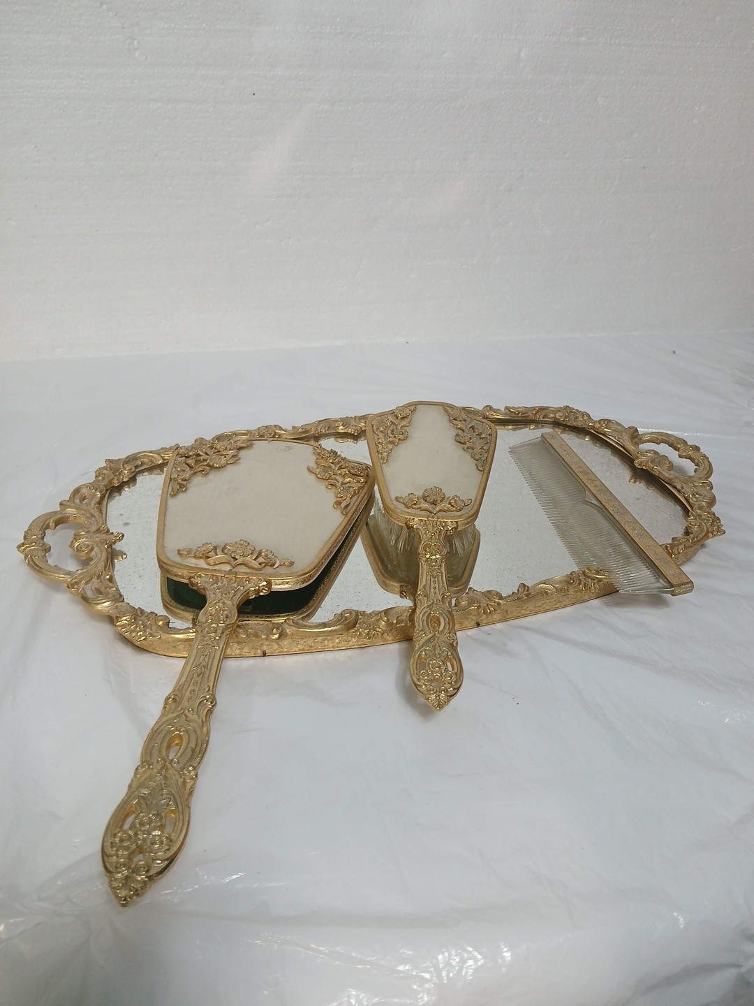 Vintage Italian Gold Dresser set /Mirror Tray/ 24kt Plated/brush/hand mirror