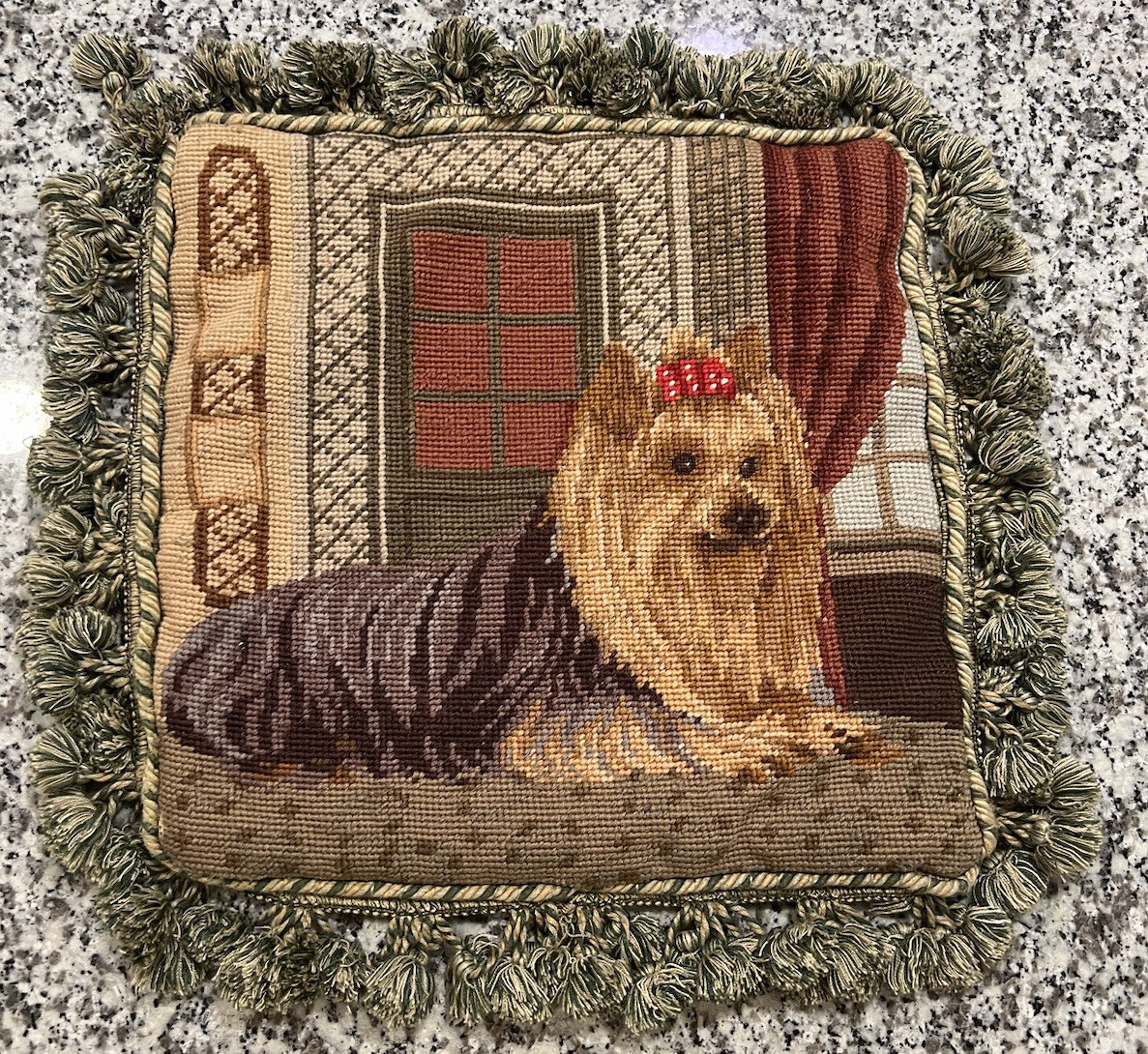 Pillow Cover Needlepoint Vtg Yorkshire Terrier Dog Victorian Tassels Wool Velvet
