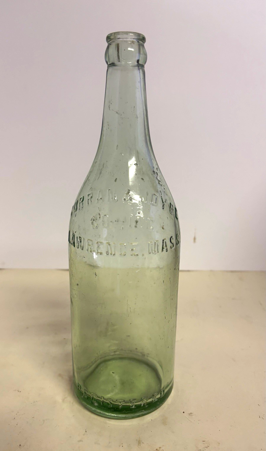 Vintage Curran & Joyce Co Lawrence Mass Embossed Green Soda Bottle