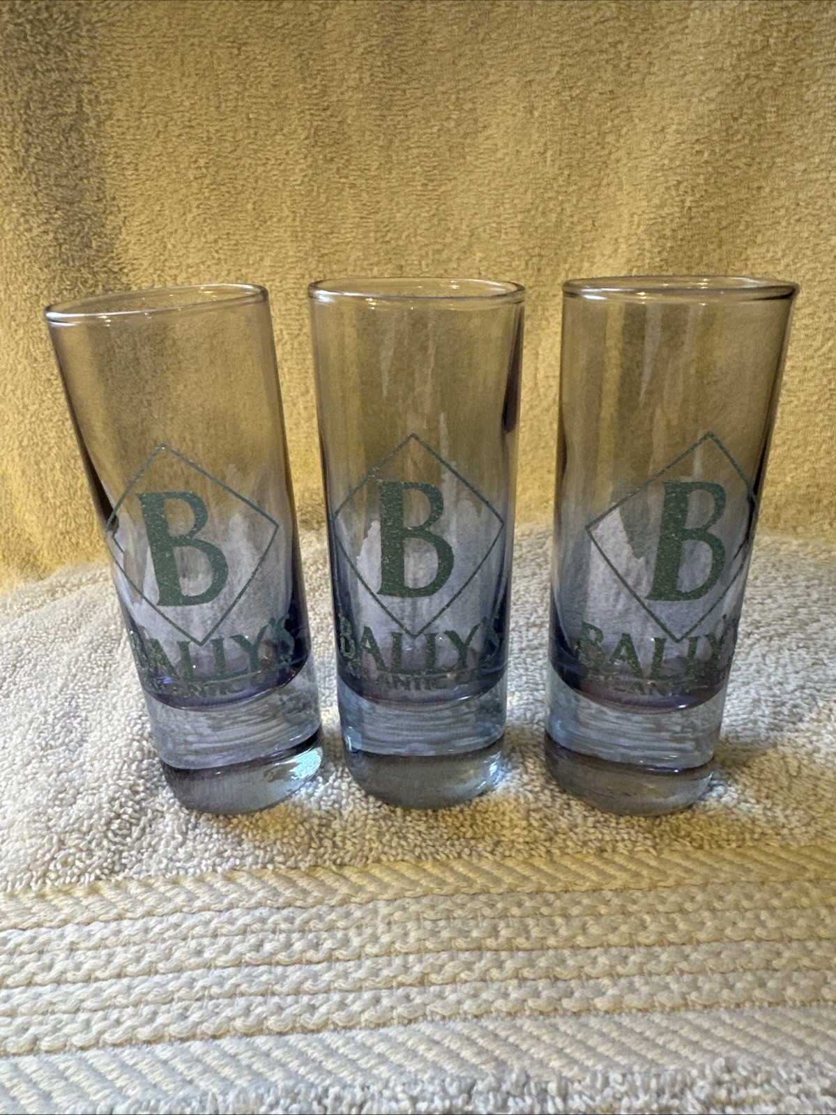 Set Of 3 Bally’s Atlantic City Casino Tall Shot Glasses Blue Luster Tags On New