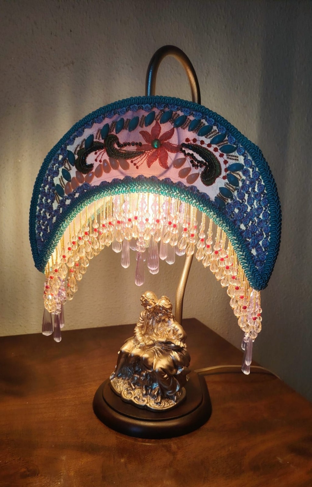 Vintage romantic table lamp with a hand-sewn crescent-shaped moon lampshade