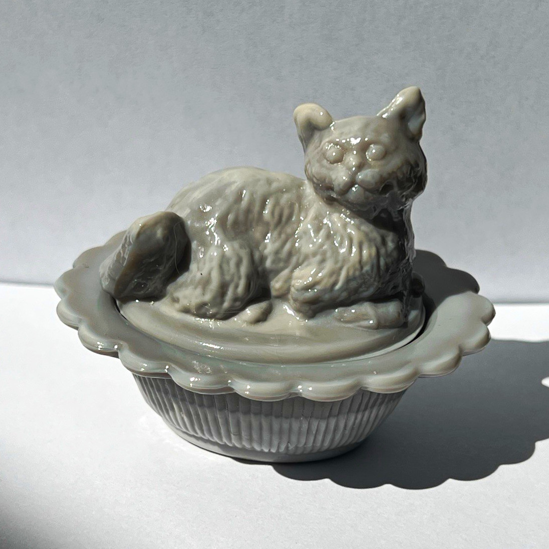 Vintage Mini Mosser Cat on Nest Gray Salt Cellar