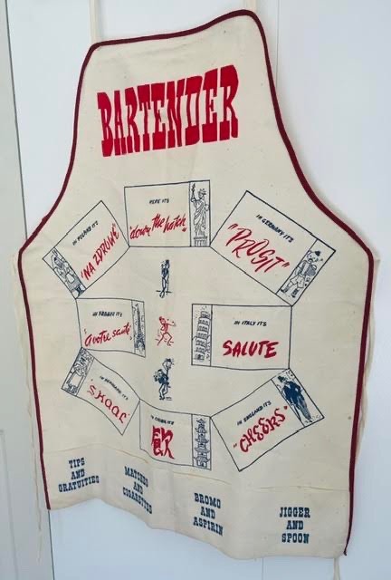 Unused Vtg 1940s MCM Novelty BARTENDER Apron - OLD TIME BARWARE - Pockets Tips