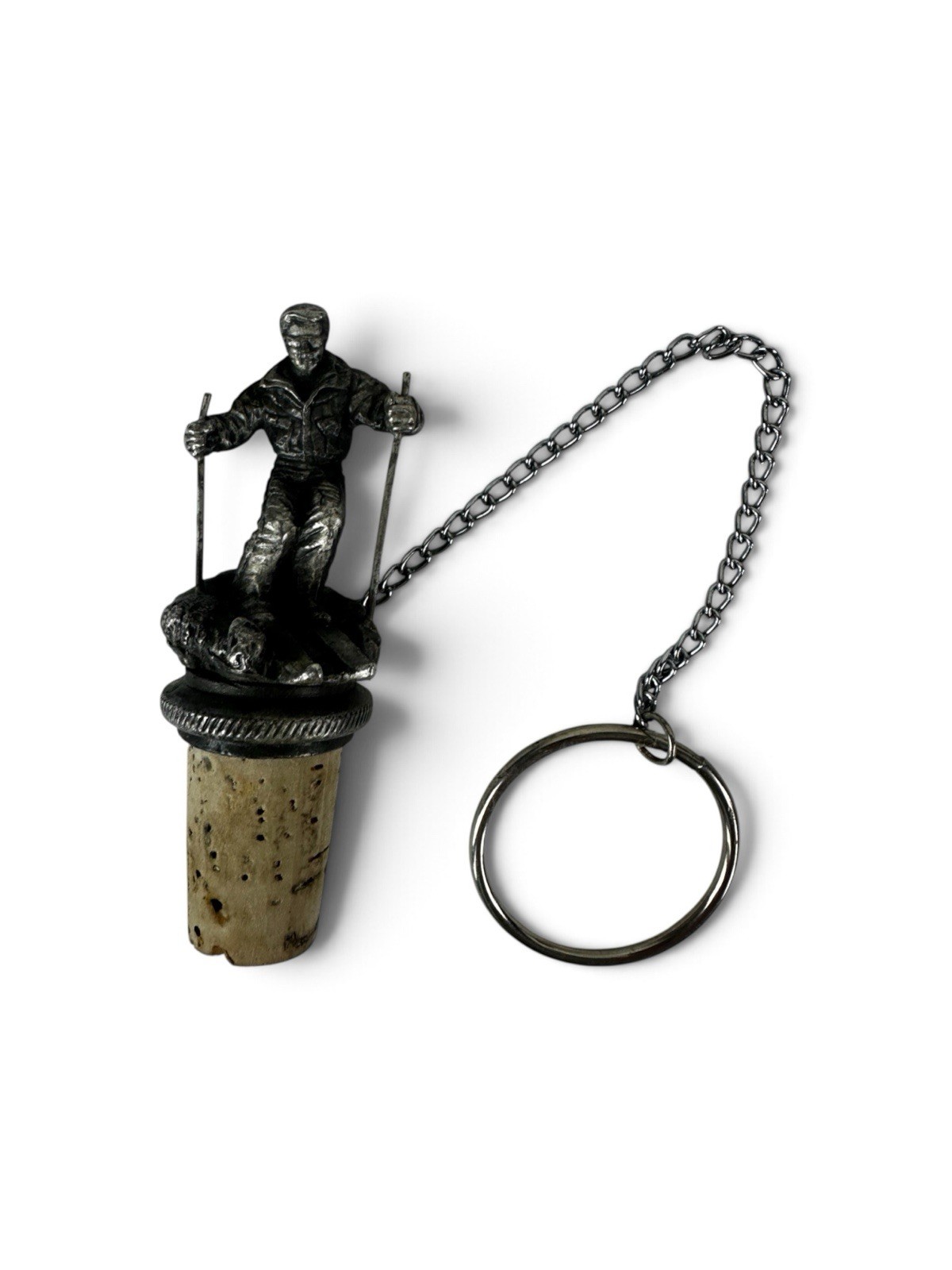 Vintage WTU Pewter Wine Stopper Snow Slalom Skier Bottle Ring Chain Cork
