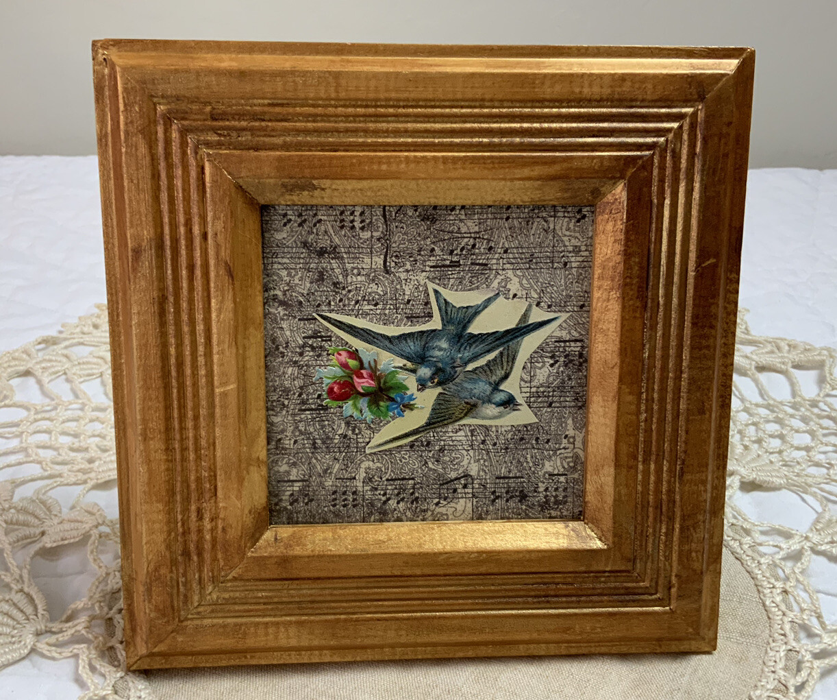 Vintage Antique Framed Victorian Trade Card, Early 1900’s, Birds, Flowers, Blue