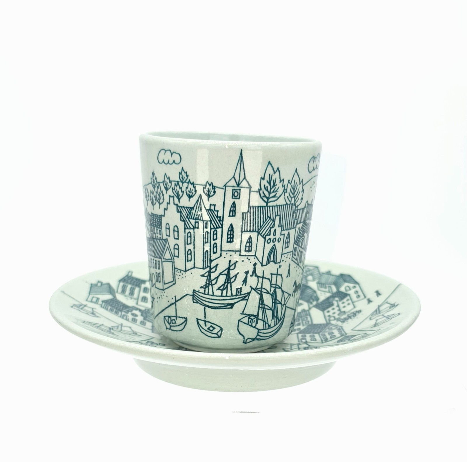 Vintage Nymolle Art Faience Hoyrup Denmark Cup Saucer 4006 Danish Village