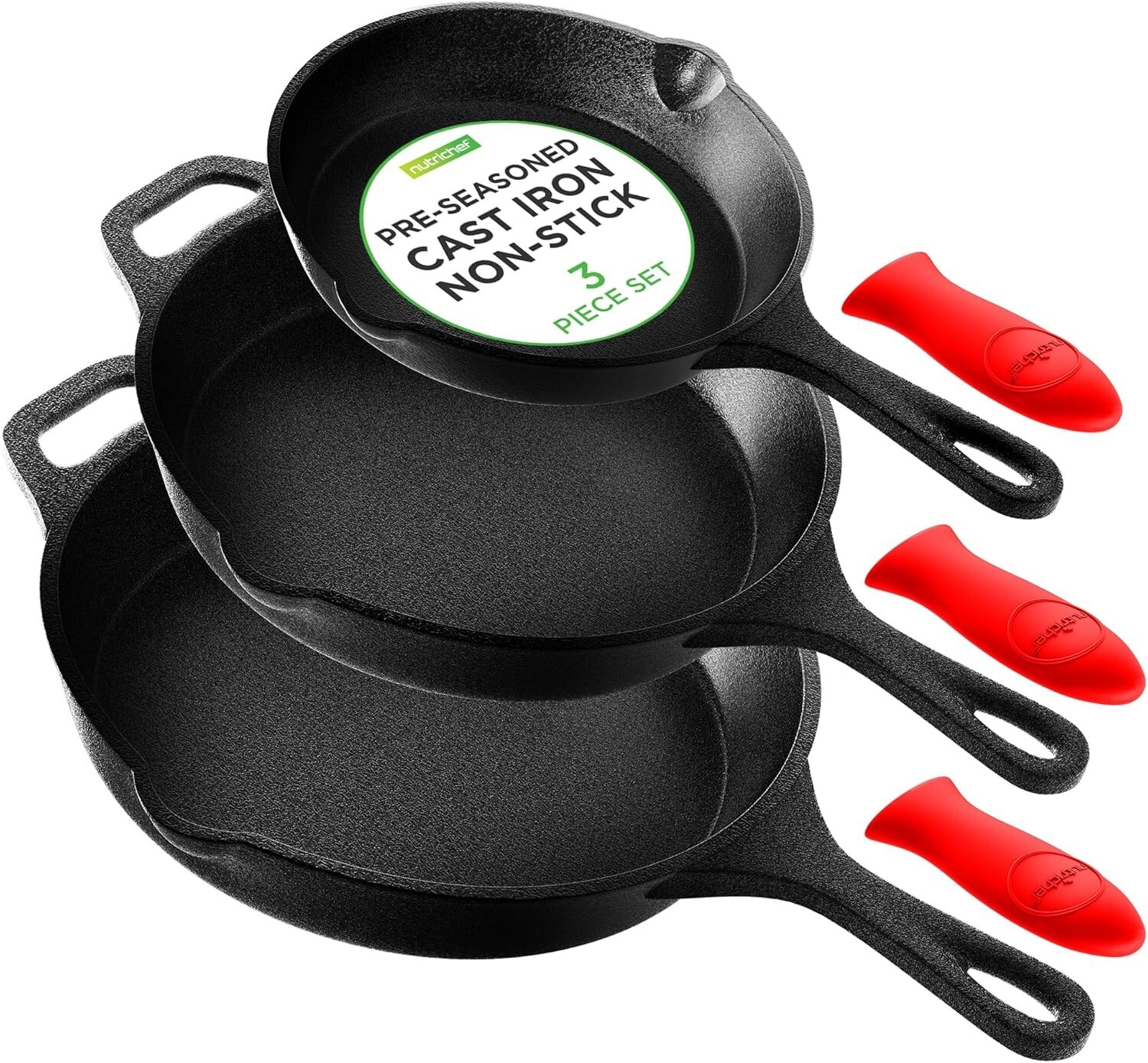 Nutrichef Nonstick Pans Set Cast Iron Skillet W/ Silicone Handle, 8
