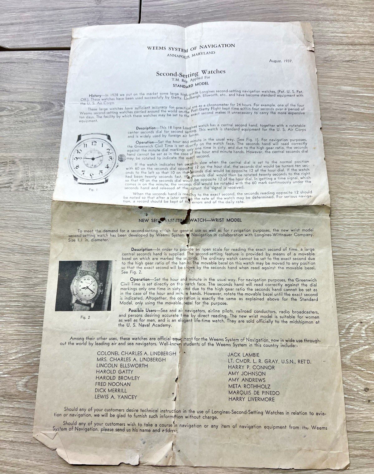 1937 Longines Lindbergh Hour Angle Weems Watch Brochure Ephemera Fred Noonan