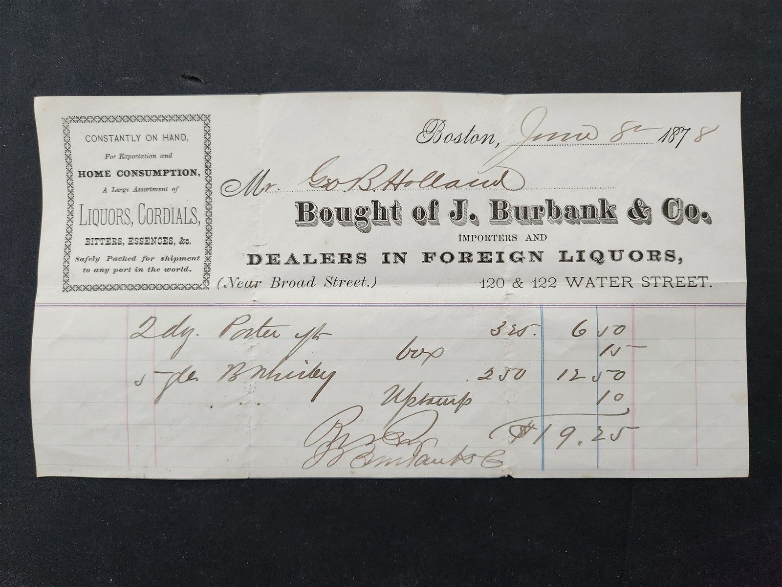 1878 antique J BURBANK & CO boston ma LIQUORS CORDIALS ad BILLHEAD Geo HOLLAND