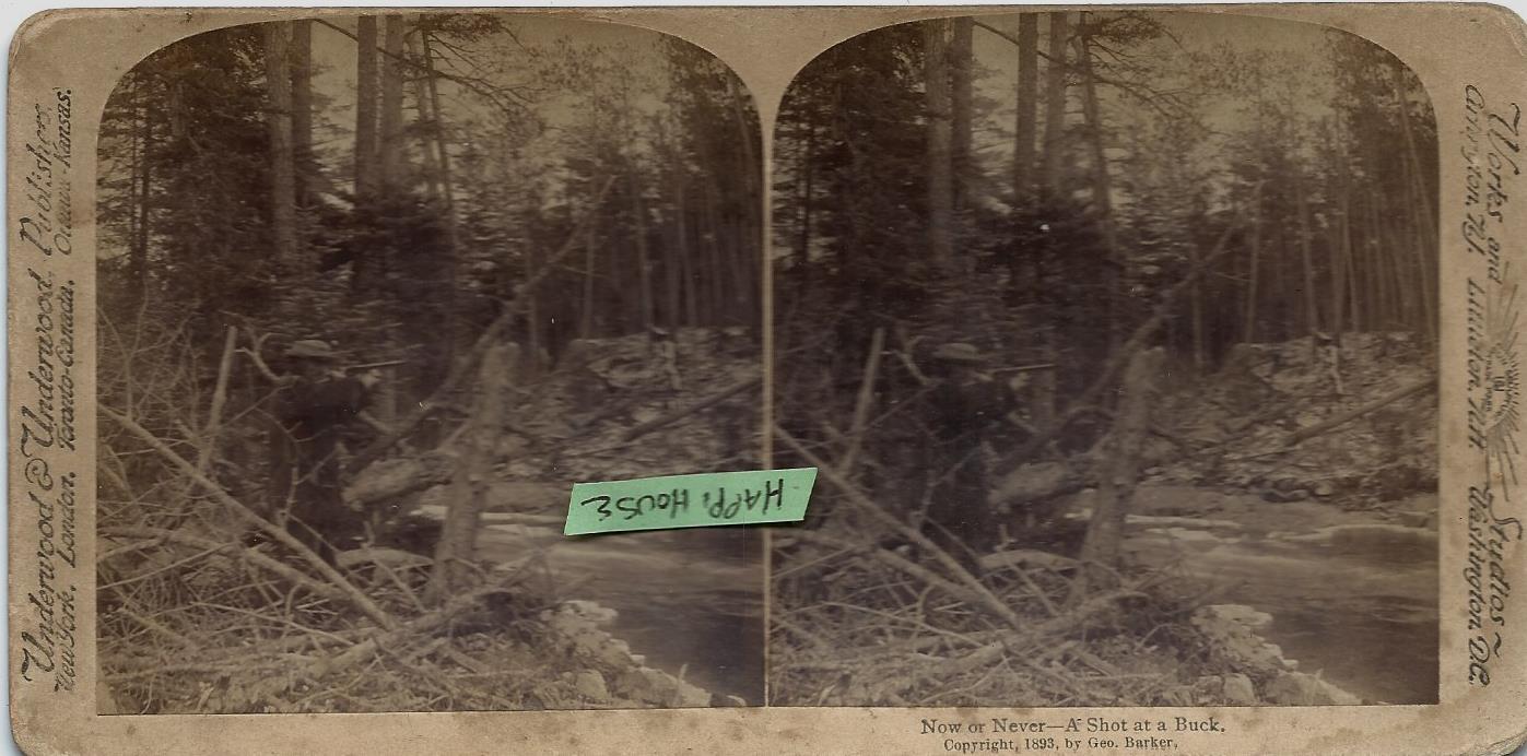 1893 Real Photo Stereoview Deer Hunter - Now or Never A Shot at a Buck