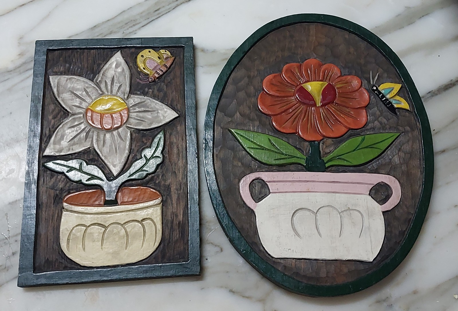Mexican Folk Art Relief Carved Wood Painted Plaque Set Flower Butterfly OVAL