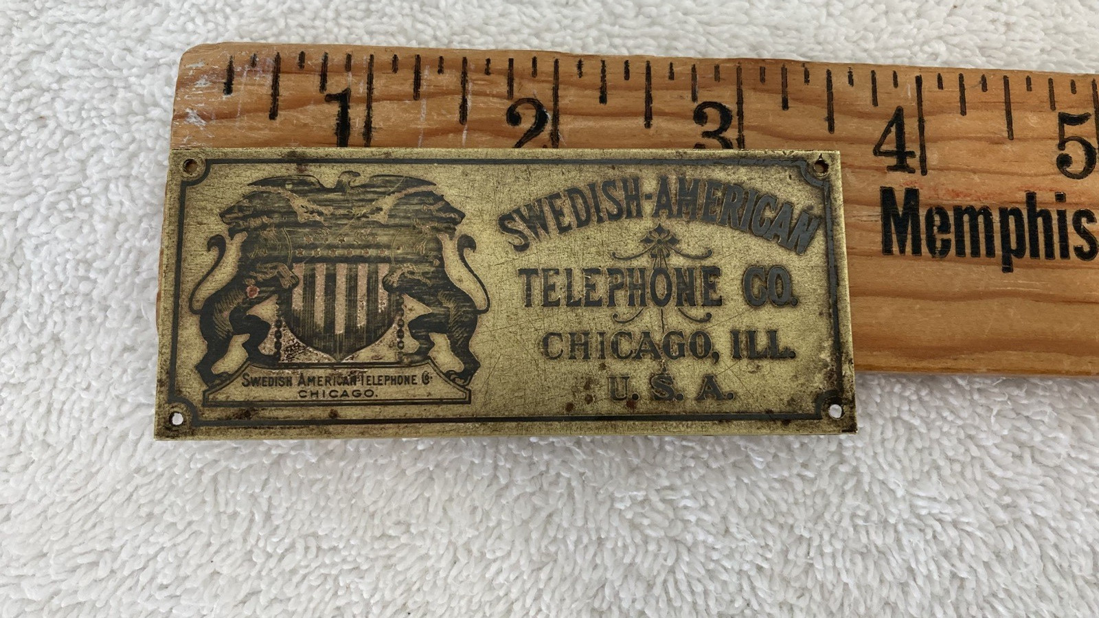 RARE Vintage Swedish American Telephone Co Chicago BRASS Name Plate Tag Phone