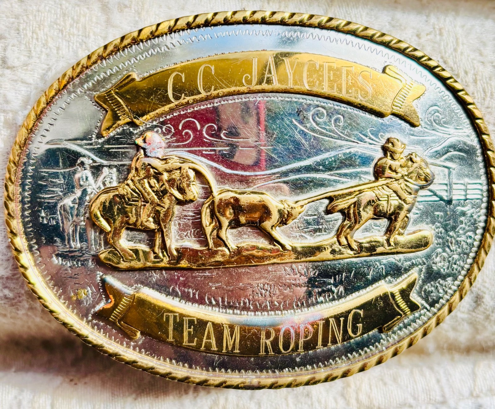 Vintage 1985 Crescent City Jaycees Team Roping Champion belt buckle