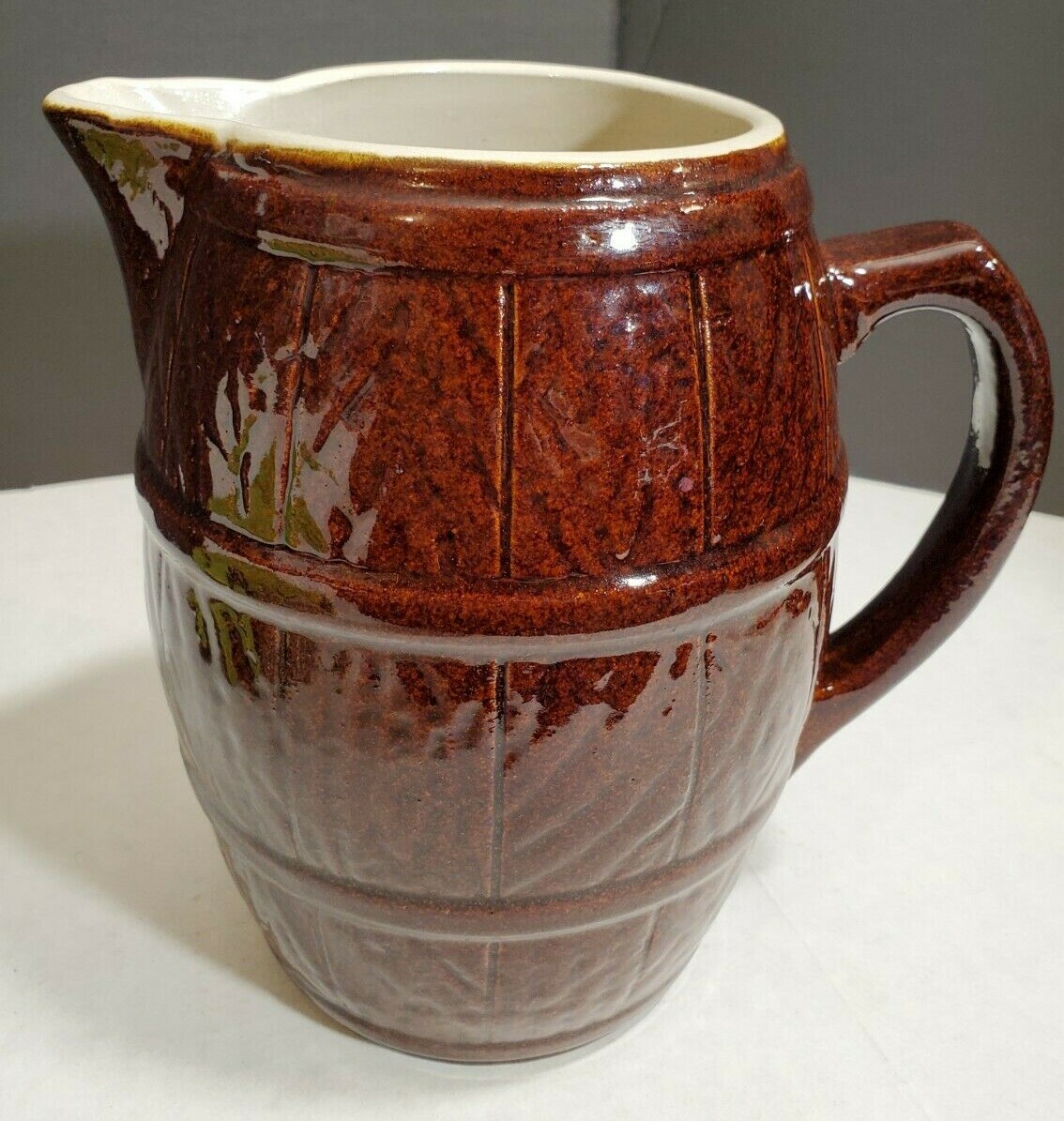 Vintage Brown Art Pottery Ceramic Barrel Jug  Glazed Pitcher 8.5