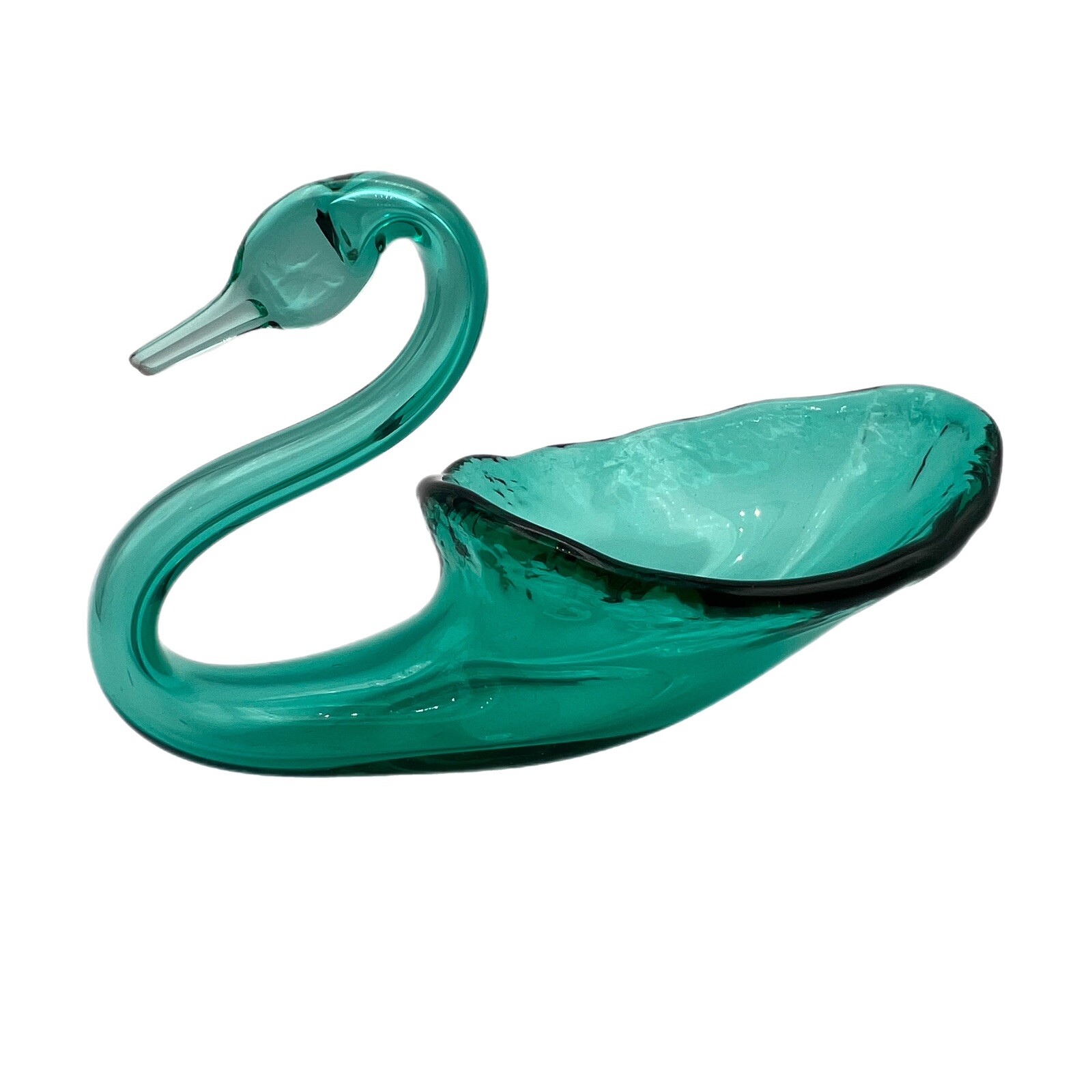 Vintage Hand Blown Teal Green Swan Art Glass Candy Vanity Trinket Dish