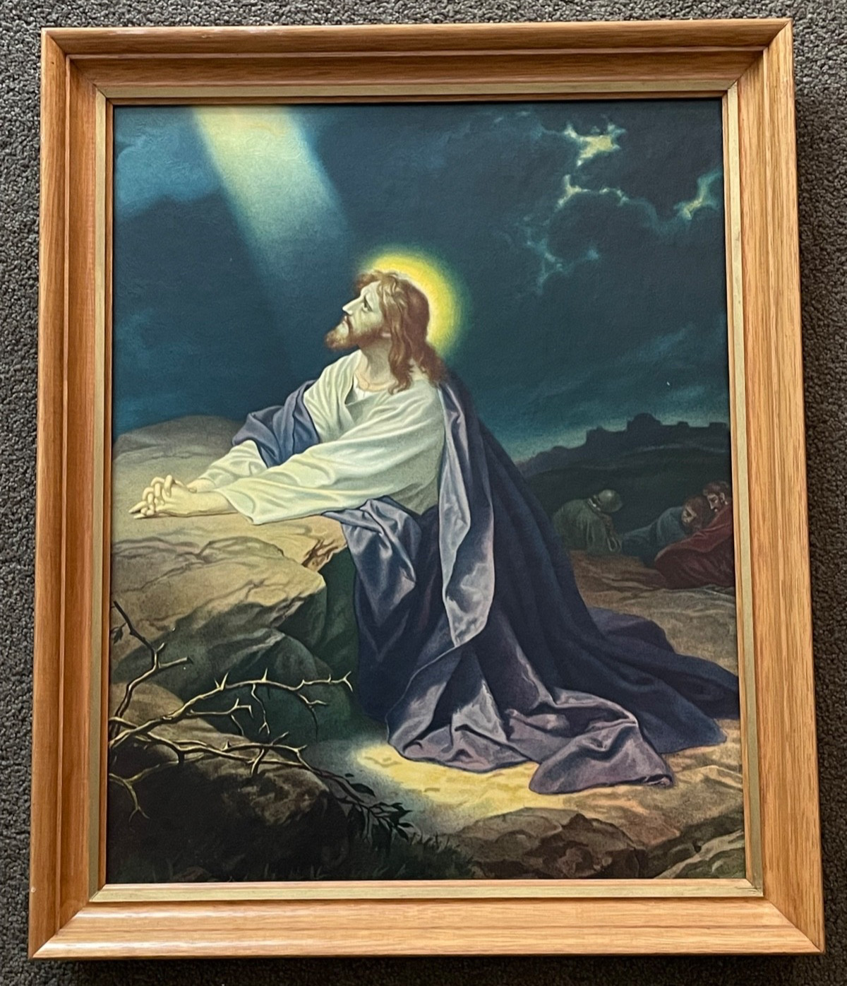 Vtg framed Litho print Jesus praying at the rock Gethsemane religious Art 19x23\
