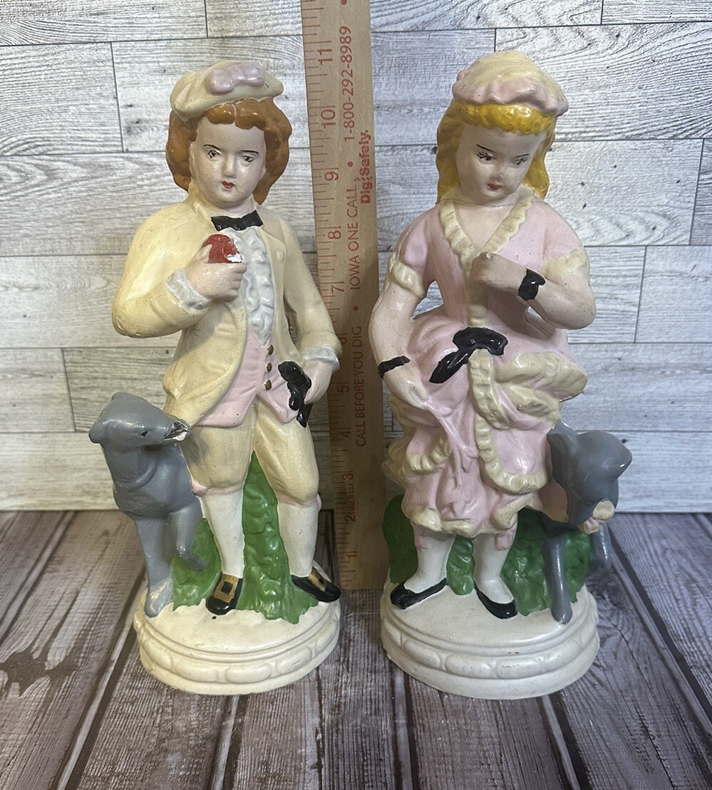 Vintage Pair Of Chalkware Figurines Boy Girl Dog Victorian 