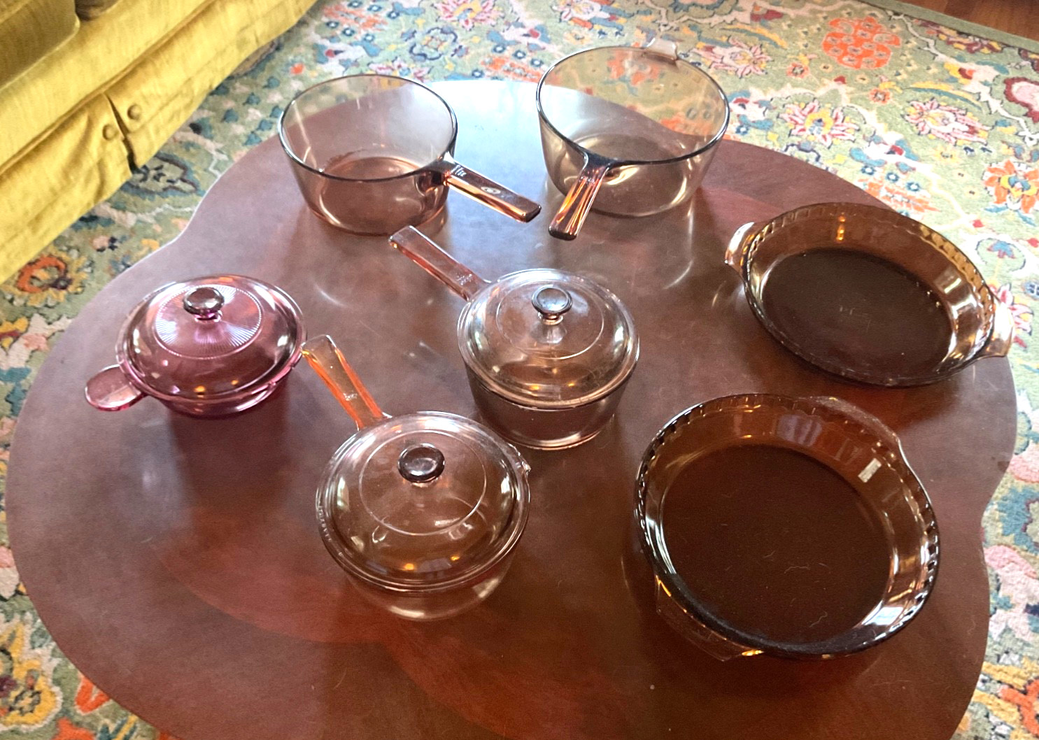 VTG CORNING VISION Pyrex Amber Cookware 10 Piece Lot Pots Pans Lids pie plates