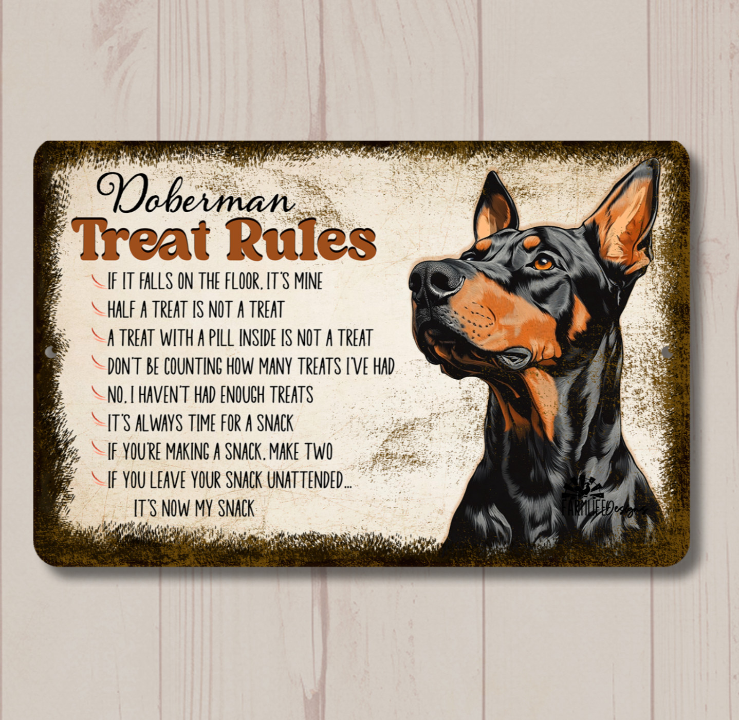 Doberman Treat Rules Sign dog snack metal tin funny wall art gift handmade
