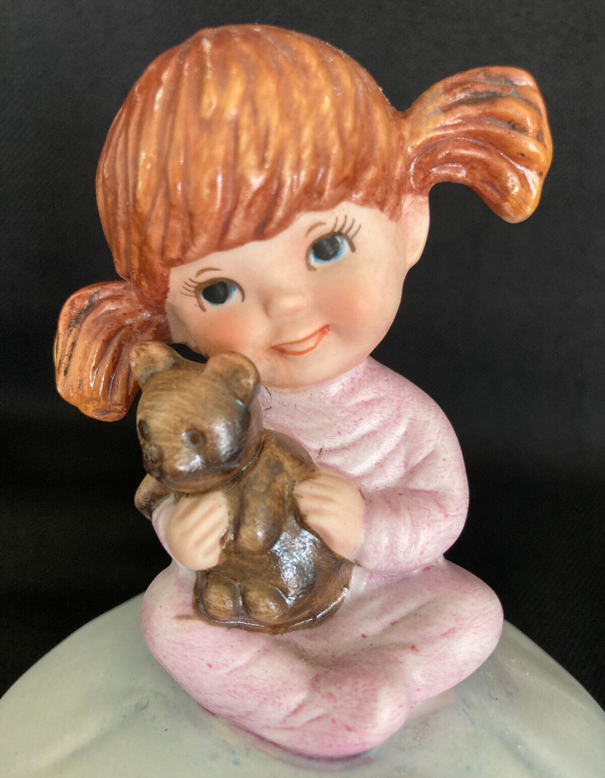 Vintage Gorham Japan Ceramic Little Girl w/Teddy Bear Music Box Nursery Room