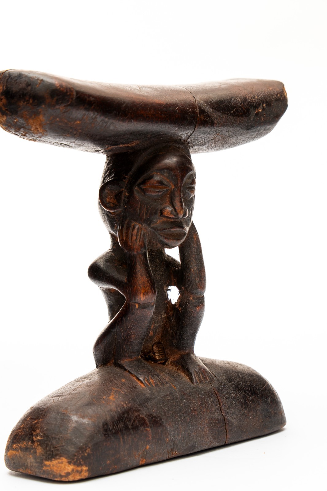 African Figural Headrest, Crouching Figure, DR Congo Luba/Songye/Chokwe Style