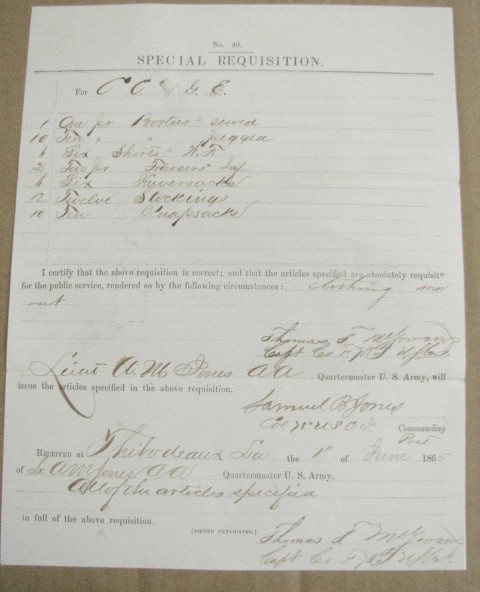 CIVIL WAR THIBODAUX LOUISIANA BAYOU LAfOURCHE  USCT UNIFORMS ETC  ISSUED 1865
