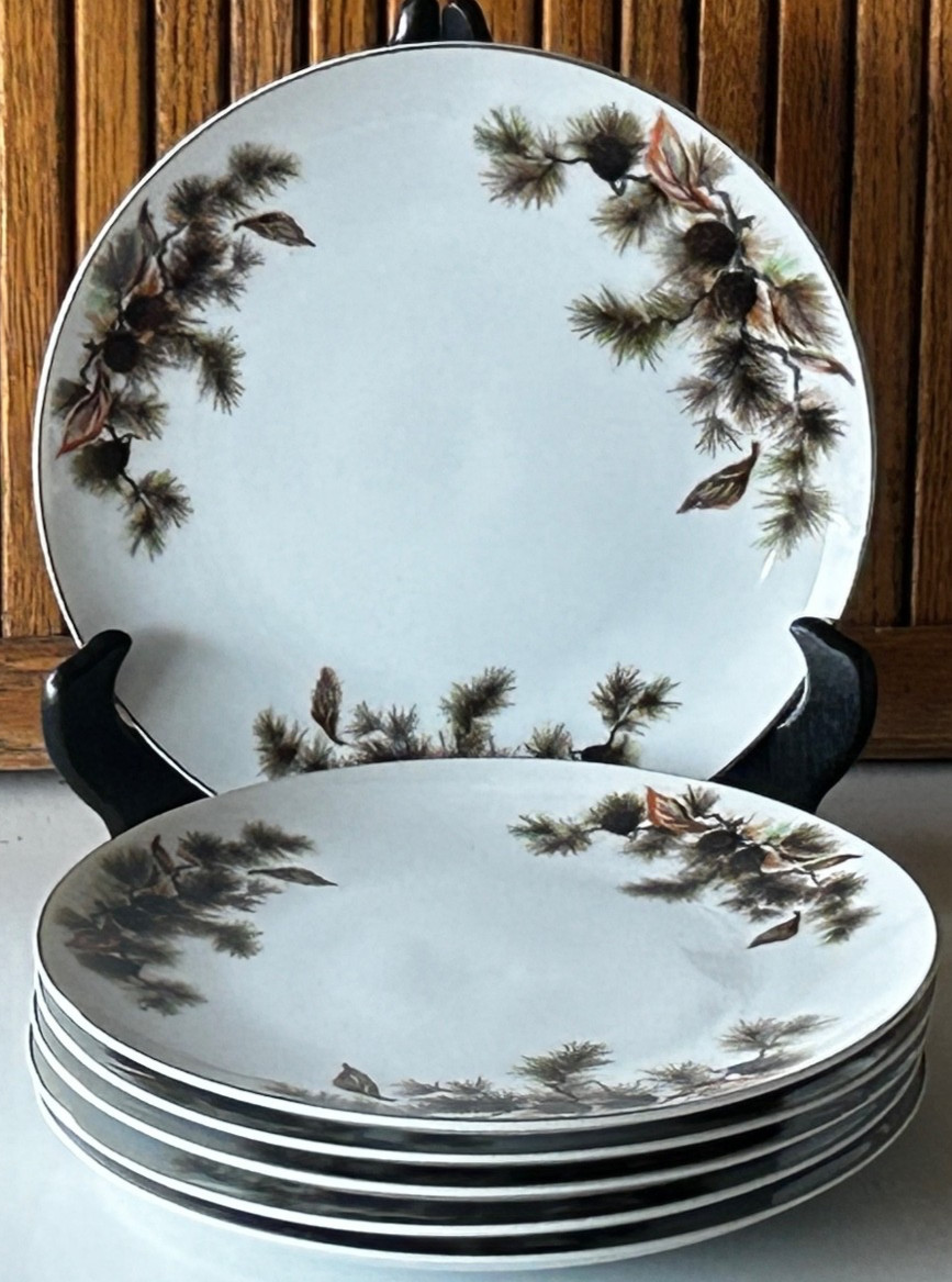 Vintage MEIKO CHINA 7.5 in Salad / Dessert Plates Pinecones & Branches Set of 6