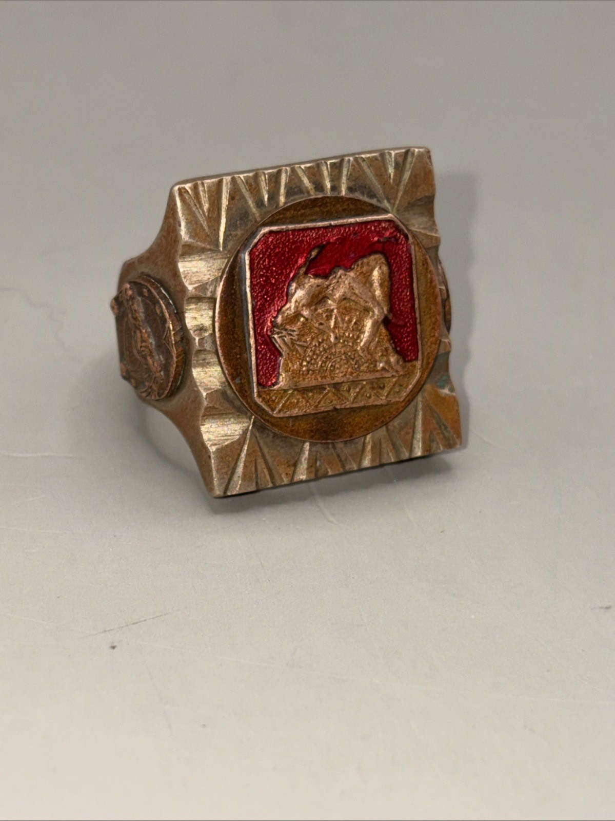 Vtg 1940s Mexican Biker Ring Red Enamel Aztec Calendar Sleeping Woman Size 9