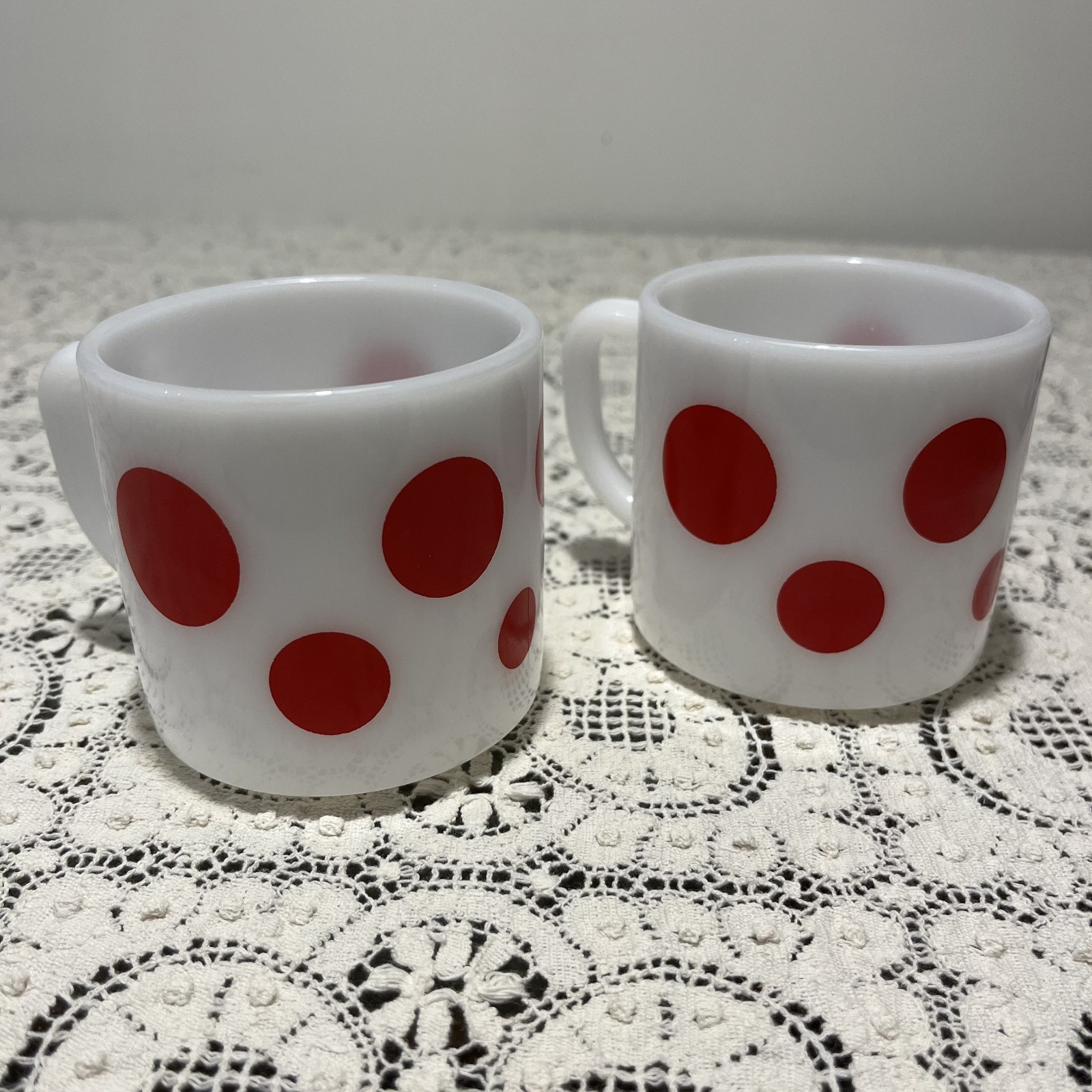 Vintage Federal Glass Milk Glass Red Polka Dots Coffee Mug Atomic Set of 2