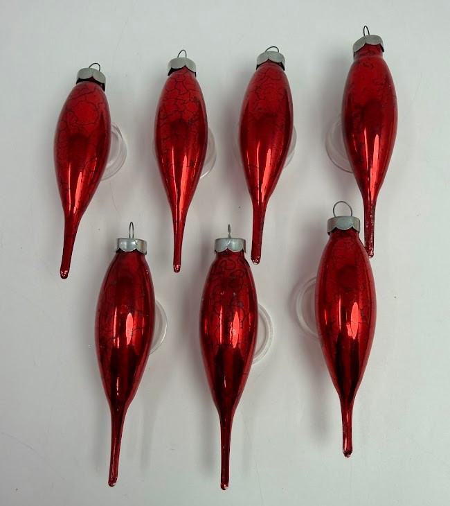 7 Vintage Christmas Red Mercury Glass Ornaments Icicles Teardrops