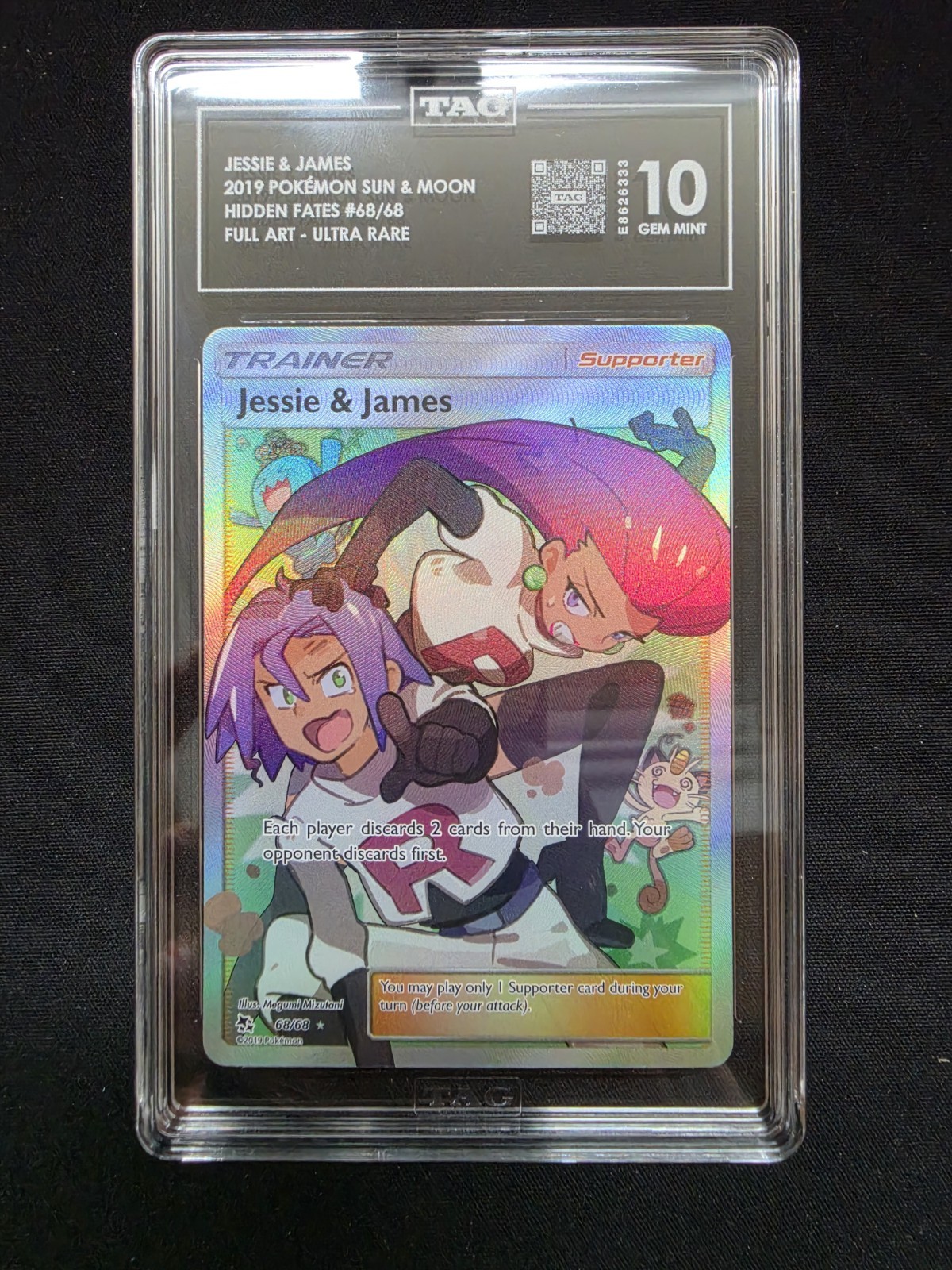 TAG 10 Gem Mint Jessie & James Hidden Fates Pokemon Sun and Moon 68/68 PSA