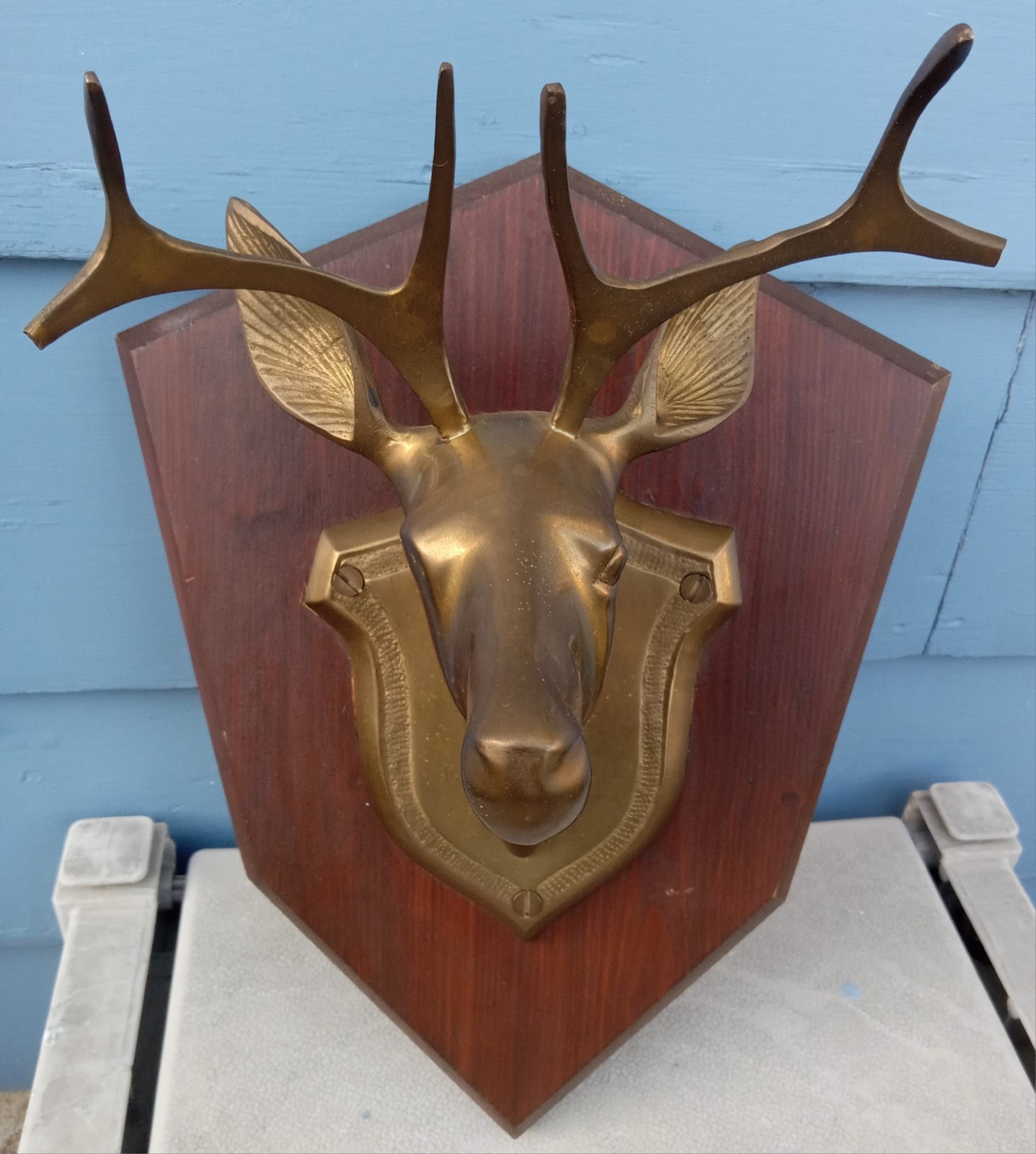 Vintage Brass Deer Head Wall Mount Trophy Plaque 10