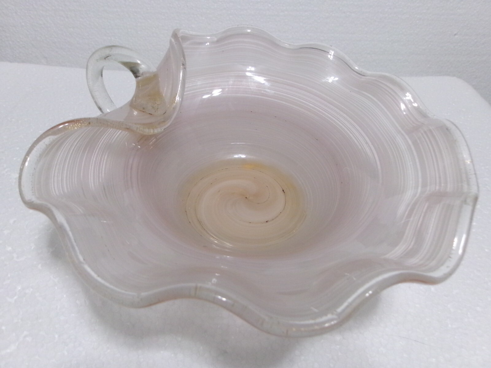 Hand Blown Art Glass Nappy Dish Applied Handle Pink & Opalescent Swirl Gold Flec