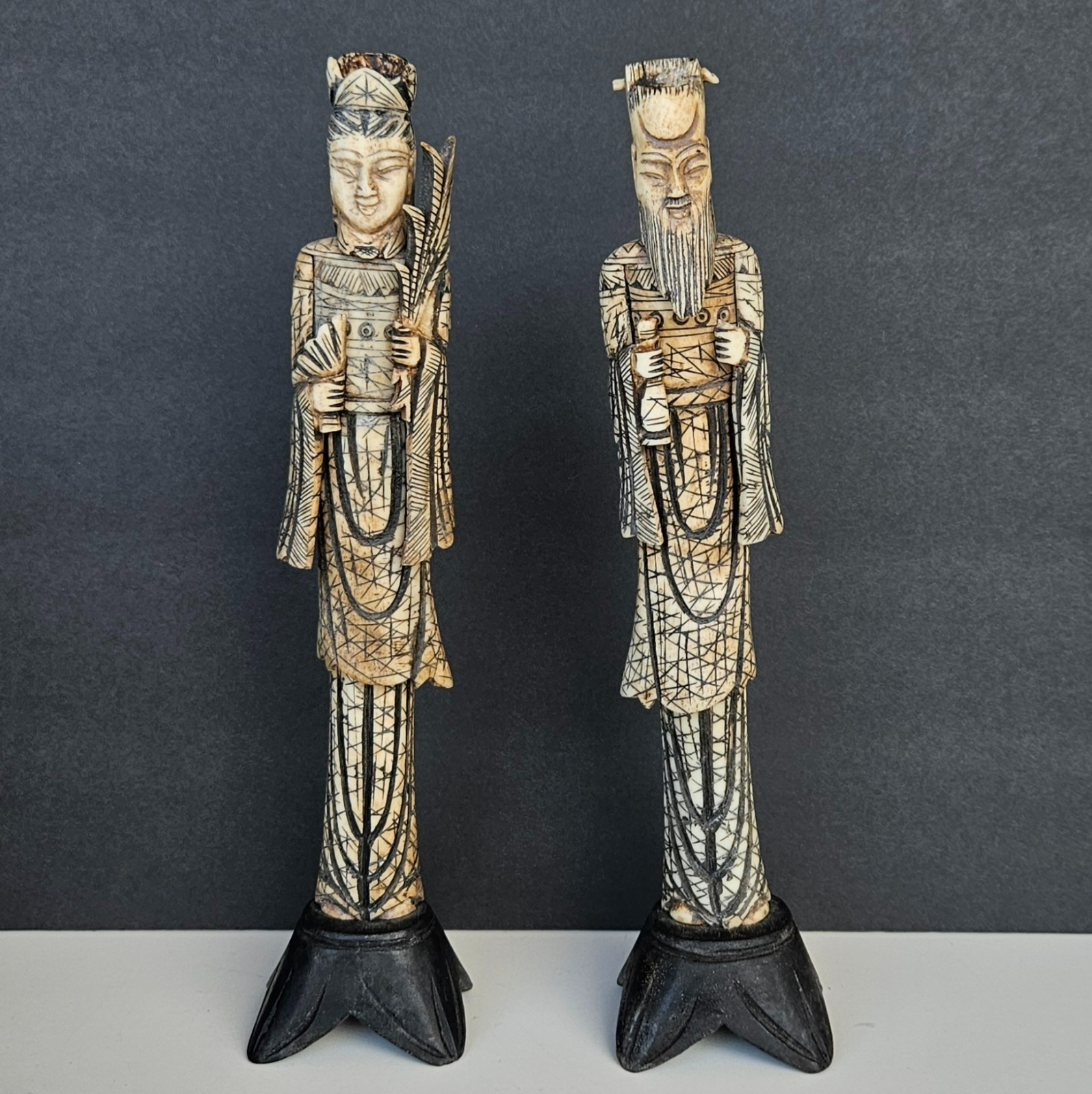 Vintage Chinese Carved Bovine Bone Emperor & Empress Pair Figurines