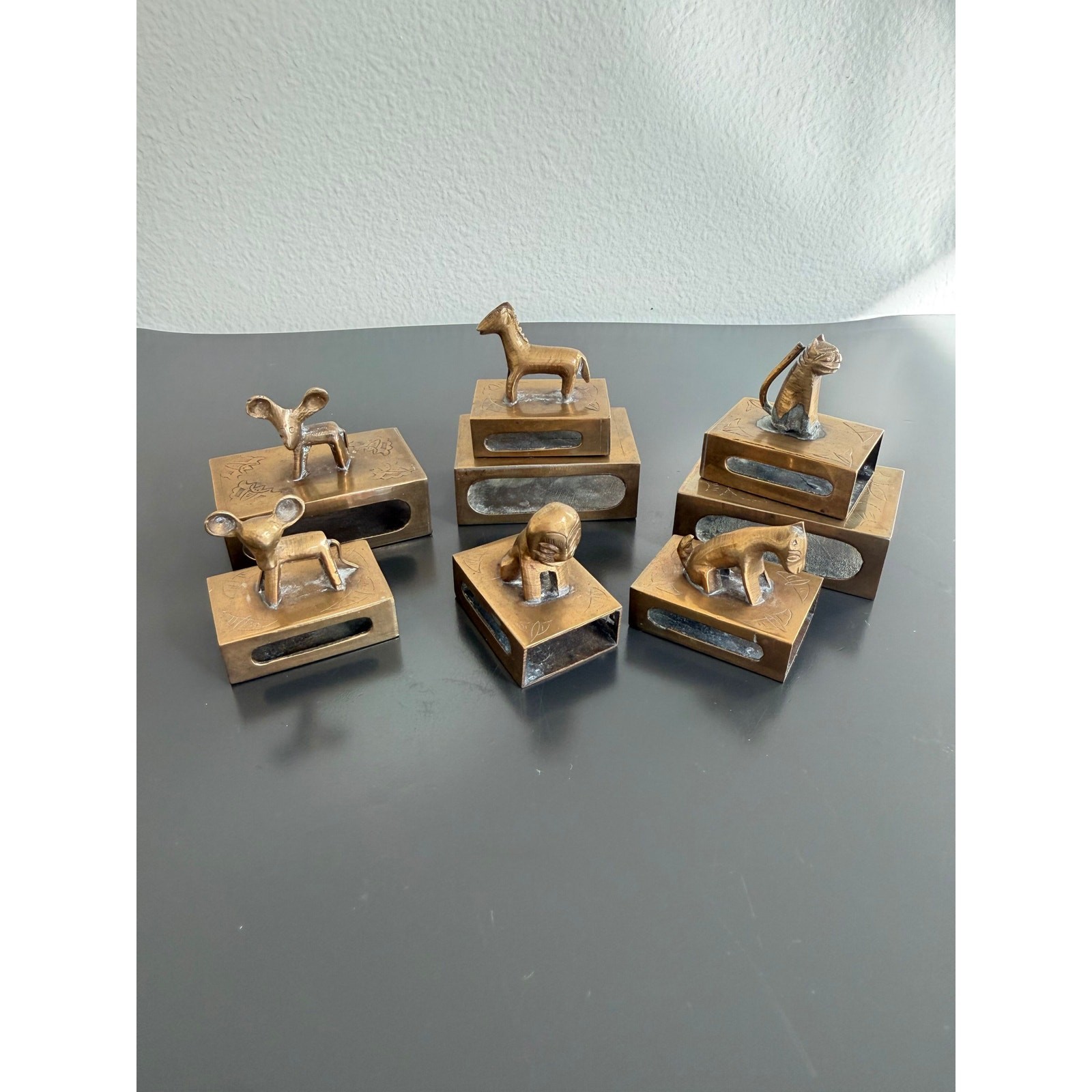 Vintage Brass Animal Matchbox Holder Set of 8 Mid Century Chinese Export Zodiac