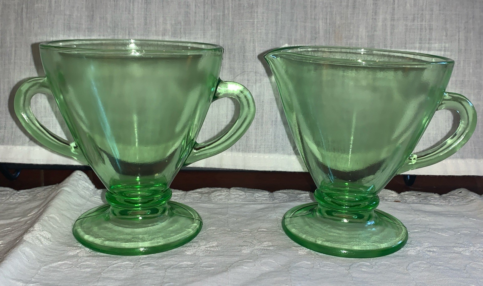 Green Uranium Depression Glass~ Slender Footed Sugar& Creamer~ Original Vintage