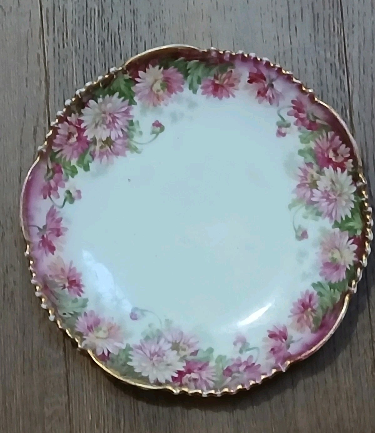 Antique Wurttemberg Porcelain Plate Pink Chrysanthemum Flowers Scallop Gold Edge Antique Wurttemberg Porcelain Plate Pink Chrysanthemum Flowers Scallop Gold Edge