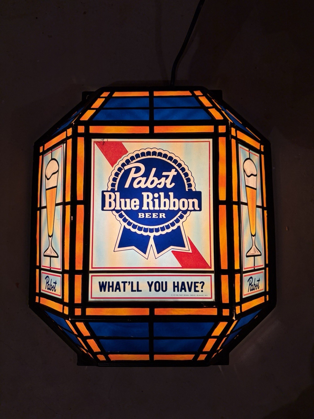 Vintage 1986 Pabst Blue Ribbon Beer Faux Stained Glass Lantern Lighted Sign Vintage 1986 Pabst Blue Ribbon Beer Faux Stained Glass Lantern Lighted Sign